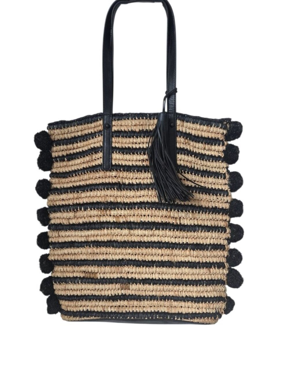 Loeffler Randall Striped Straw Tote Black Leather Straps & Tassel Pom-Pom Edges